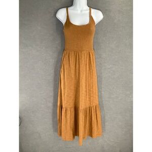 GAP Maxi‎ Dress Sz XS Smocked Bodice Amber Brown Tiered Cottagecore Bohemian